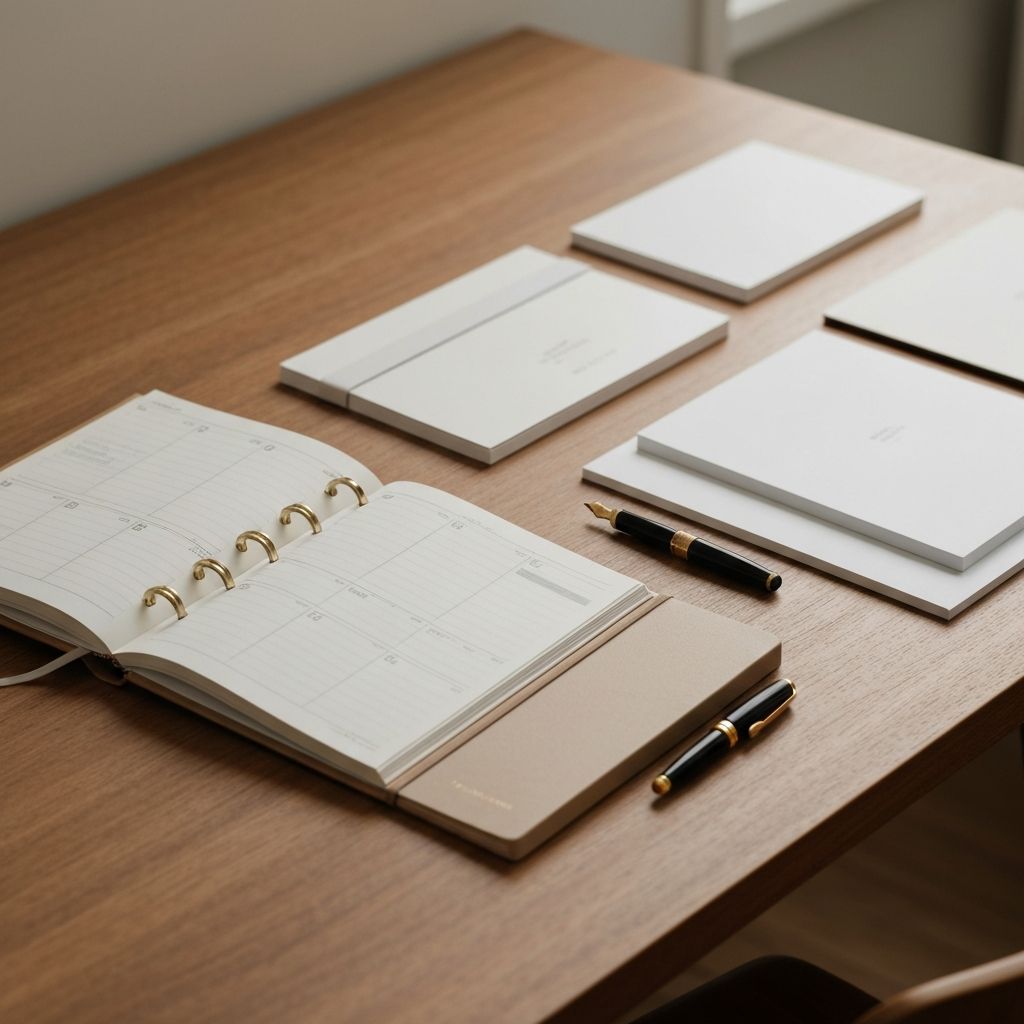 Minimalistischer Schreibtisch mit offenem Planer, Notizbuch und hochwertiger Feder