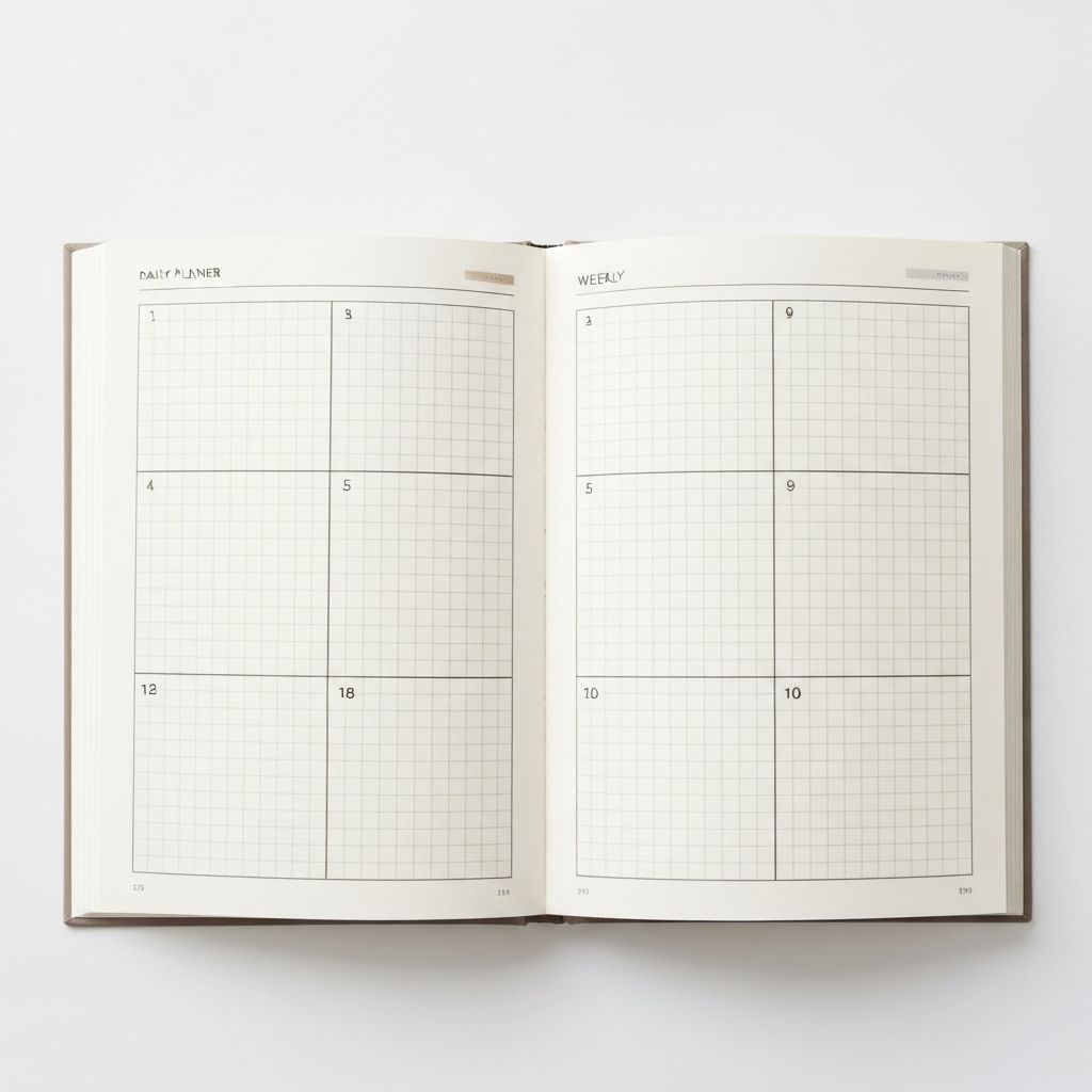 Aufgeschlagener Planer mit durchdachtem Seitenlayout und sanften Gitternetz-Linien