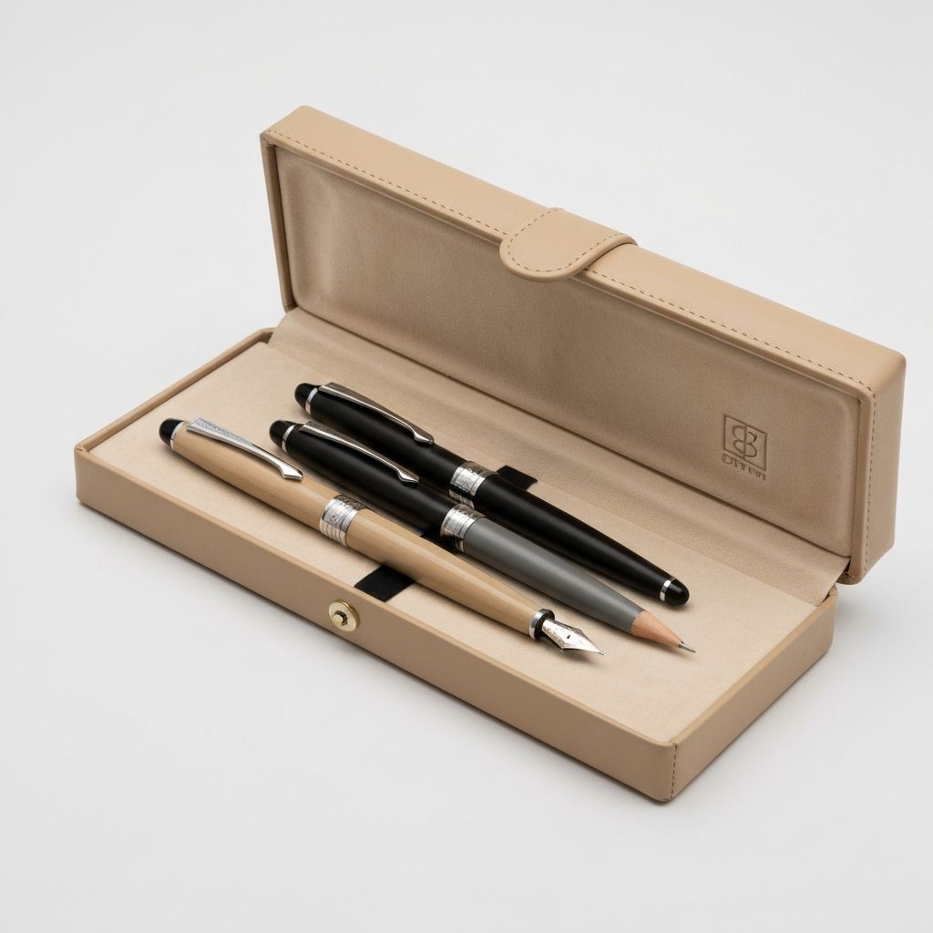 Satz mit drei hochwertigen Schreibstiften in Beige, Schwarz und Grau mit Leder-Etui
